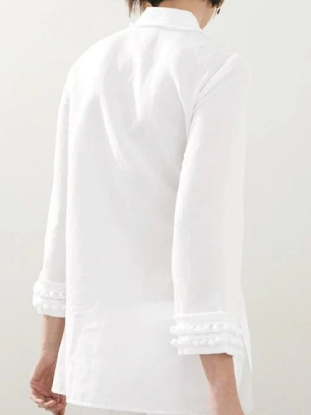CHICO'S Linen-Blend Kurta Tunic Blouse White Pom-Pom Trim 3/4 Sleeve Size 2 - Picture 11 of 12